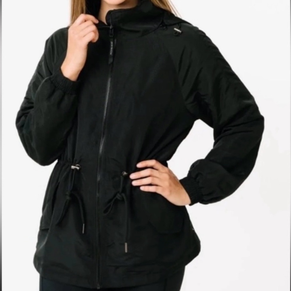 ZYIA Drawstring Hooded Jacket Large Black Removable Hood Toggle Adjustable Lined